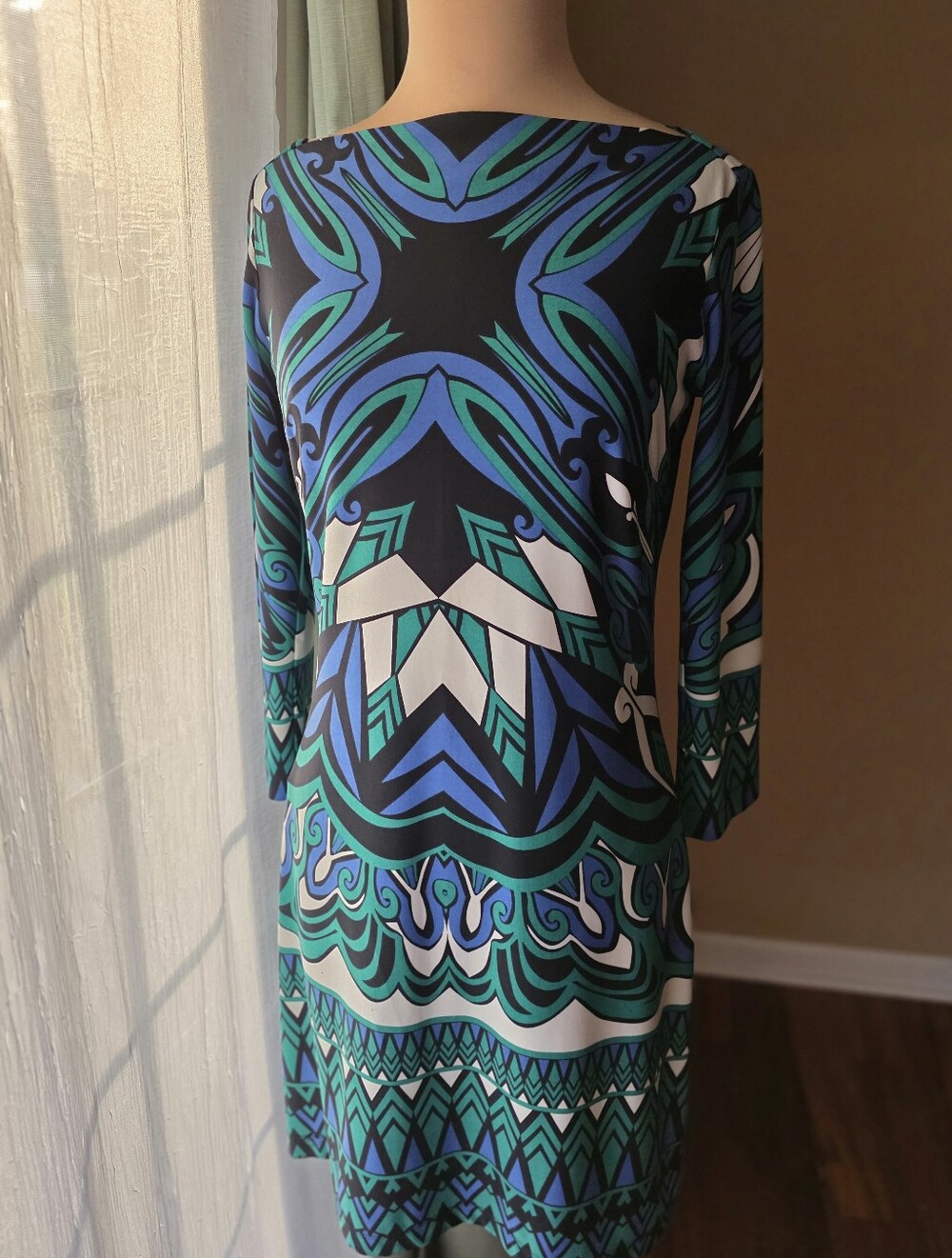 Ali Ro Geometric Print 3/4 Sleeve Midi Dress Blue Green Abstract Mod Size 6